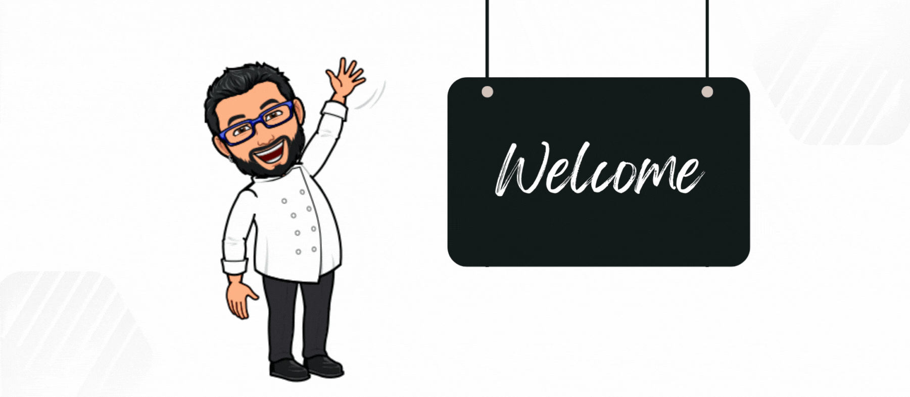 Mr Cheesecake Bitmoji standing next to a welcome sign